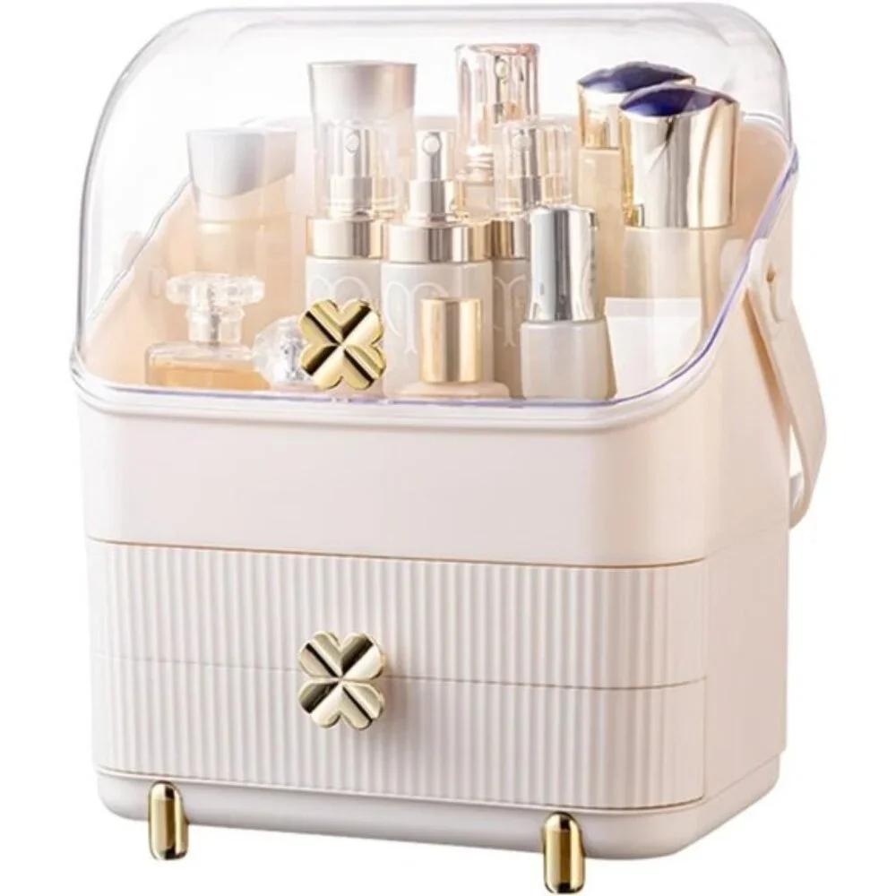 Preppy Skincare Organizer, 3-Tier Ivory White Makeup Box with Drawers & Handle